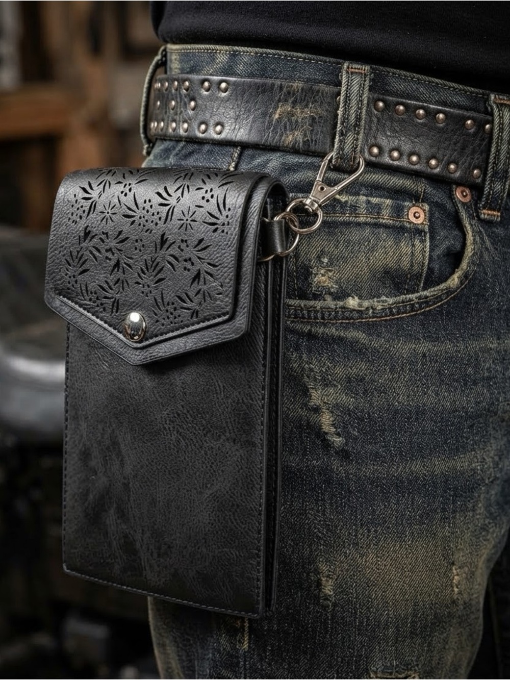 Biker Chic Black Laser-Cut Belt Loop Phone Pouch & Wallet/Hip Clip/Pouch